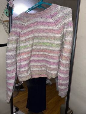 INTERMIX Wool Sweater Pastel Striped Crewneck Sweater in Pink, Cream & Green